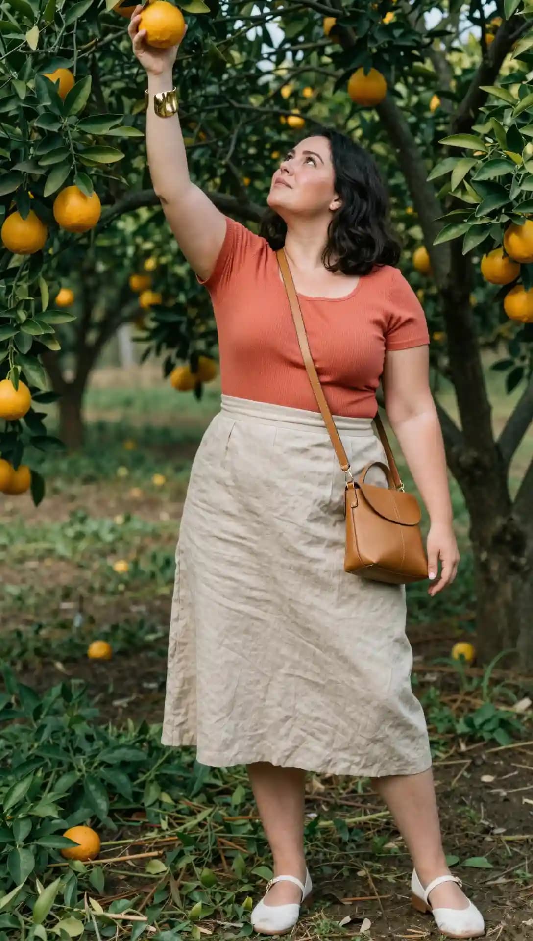 Coral Ribbed T-Shirt + Beige Linen Skirt + Brown Crossbody Bag + White Flats