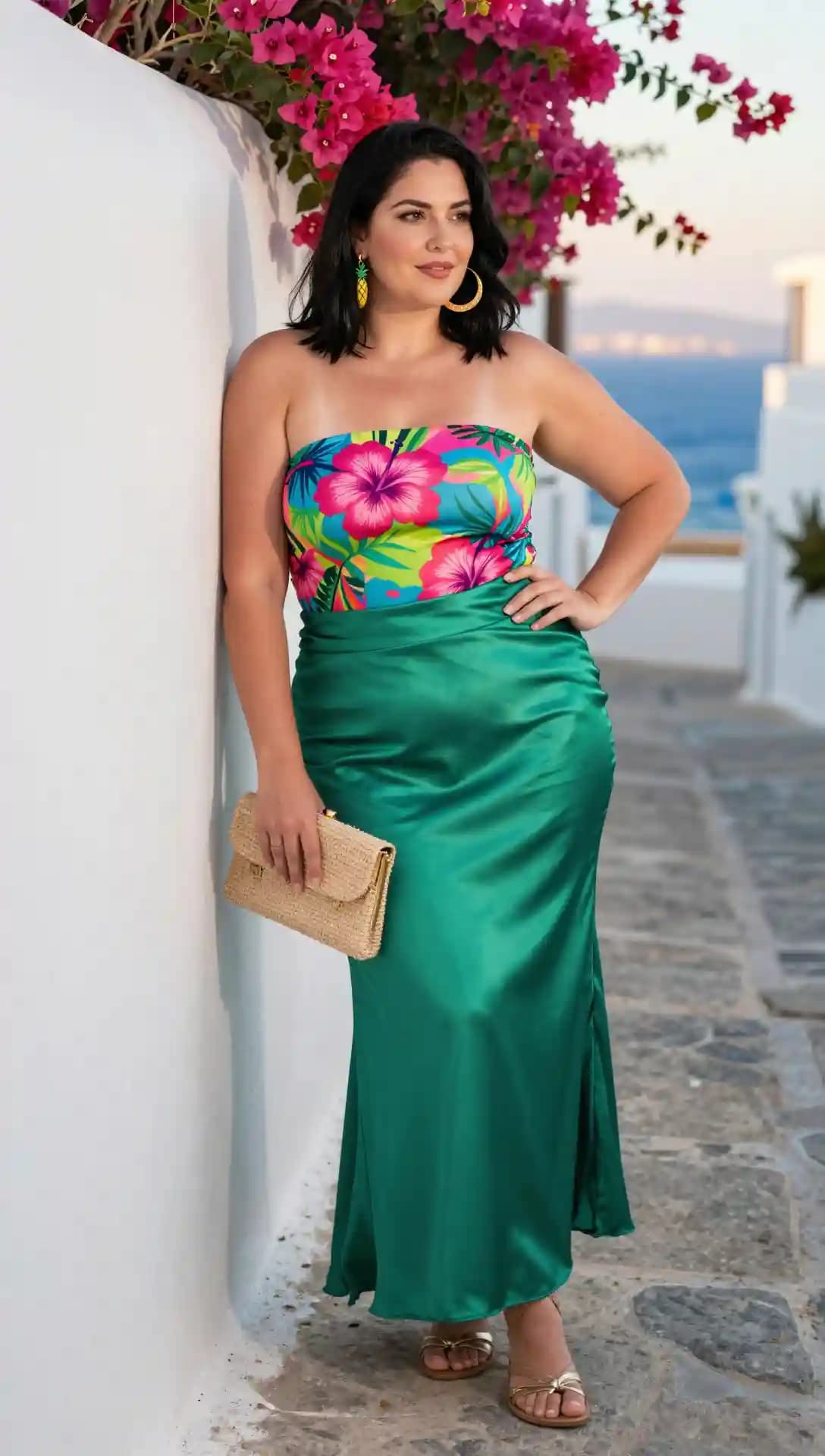 Floral Bandeau Top + Emerald Green Satin Maxi Skirt