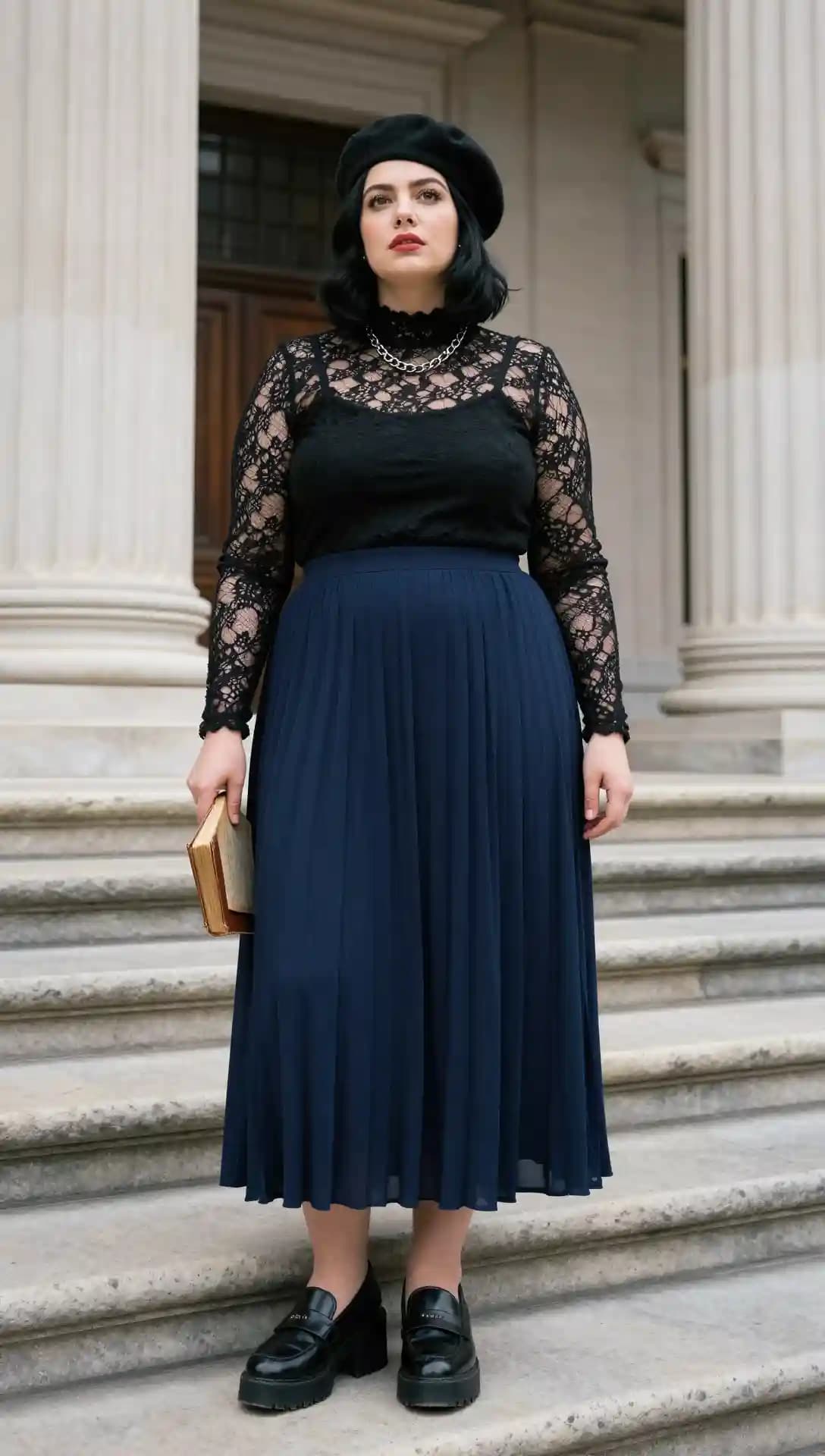 Black Lace Long-Sleeve Top + Navy Pleated Midi Skirt + Black Loafers + Beret