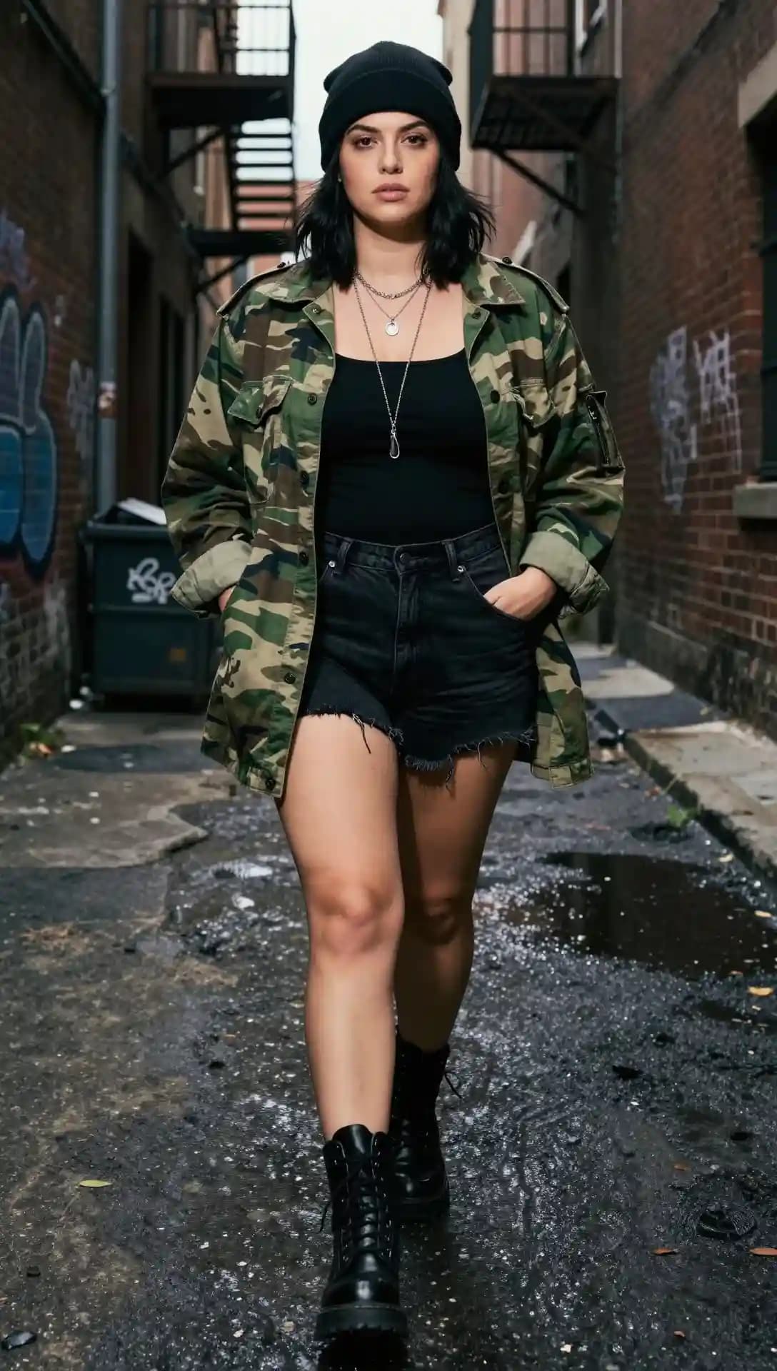 Black Tank Top + Black Distressed Denim Shorts + Camo Jacket + Combat Boots