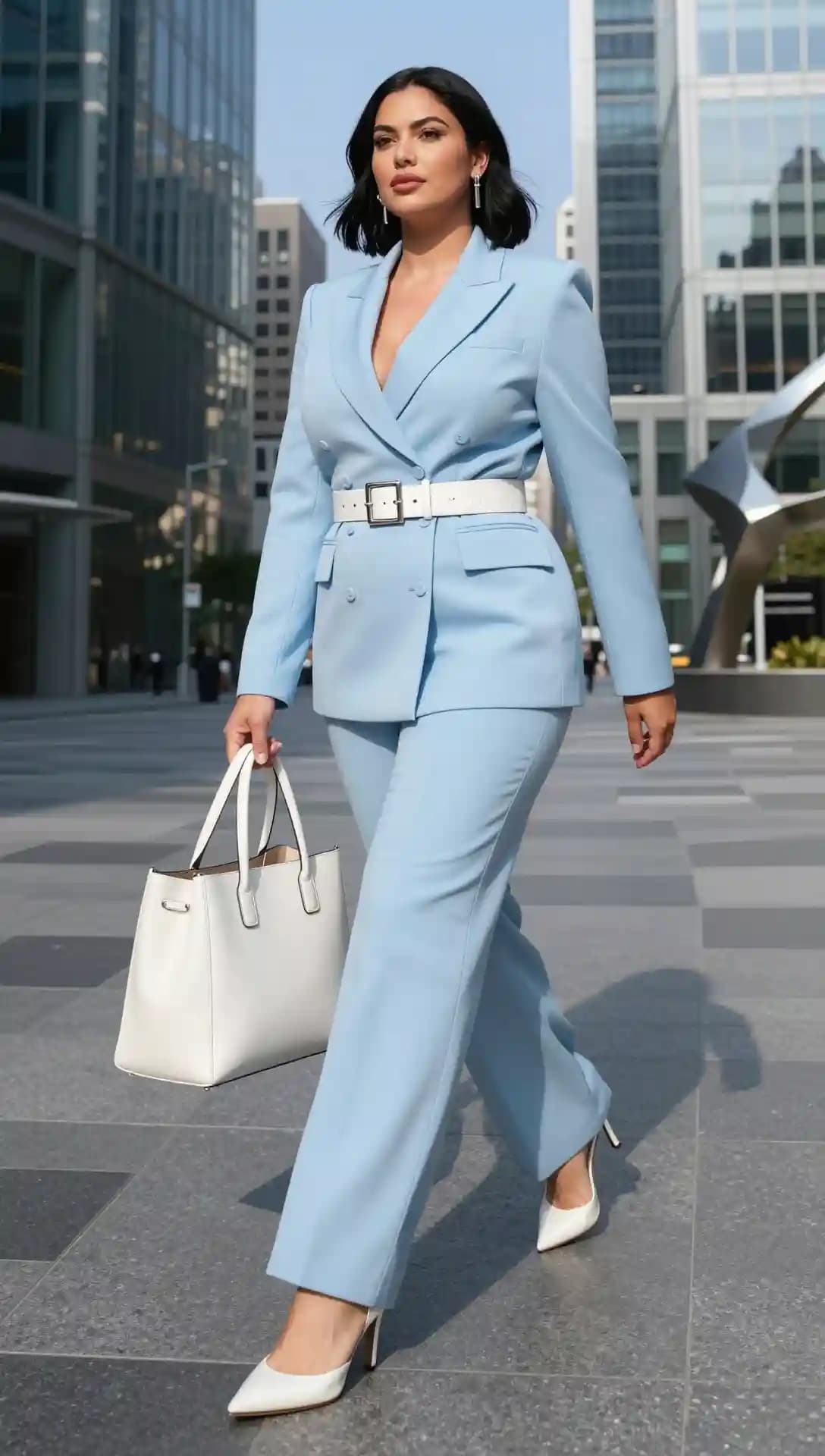 Light Blue Double-Breasted Blazer + Light Blue Trousers + White Belt + White Heels