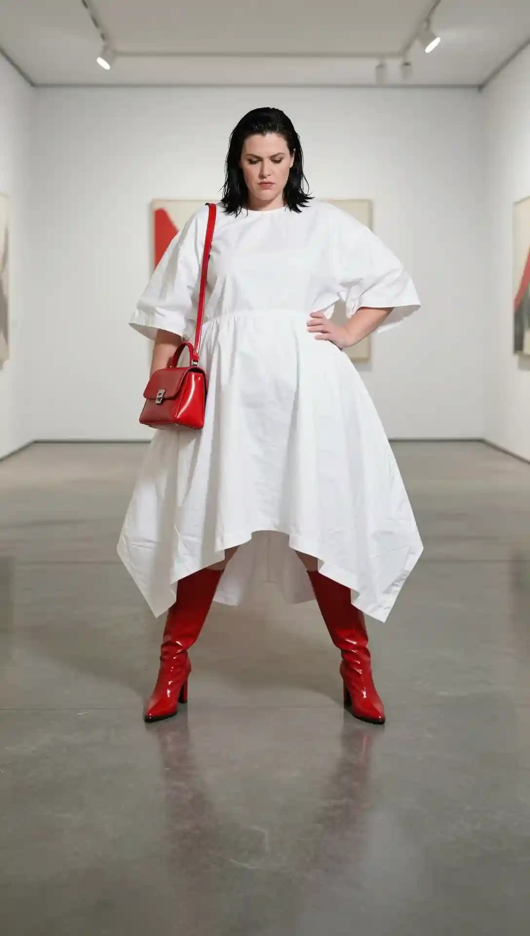 White Asymmetrical Dress + Red Patent Leather Boots + Red Handbag