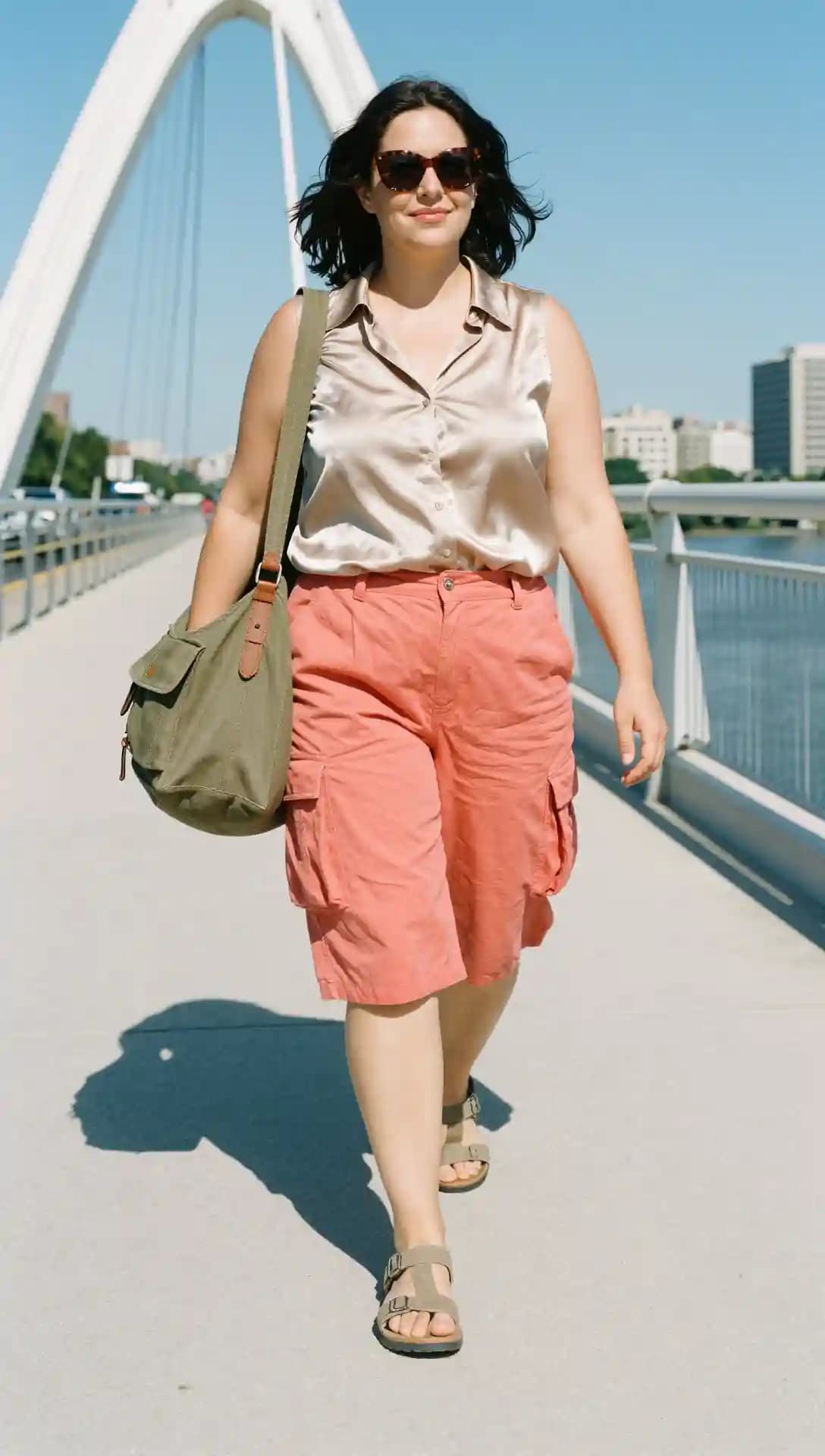 Champagne Satin Button-Up Shirt + Coral Cargo Shorts + Suede Sandals