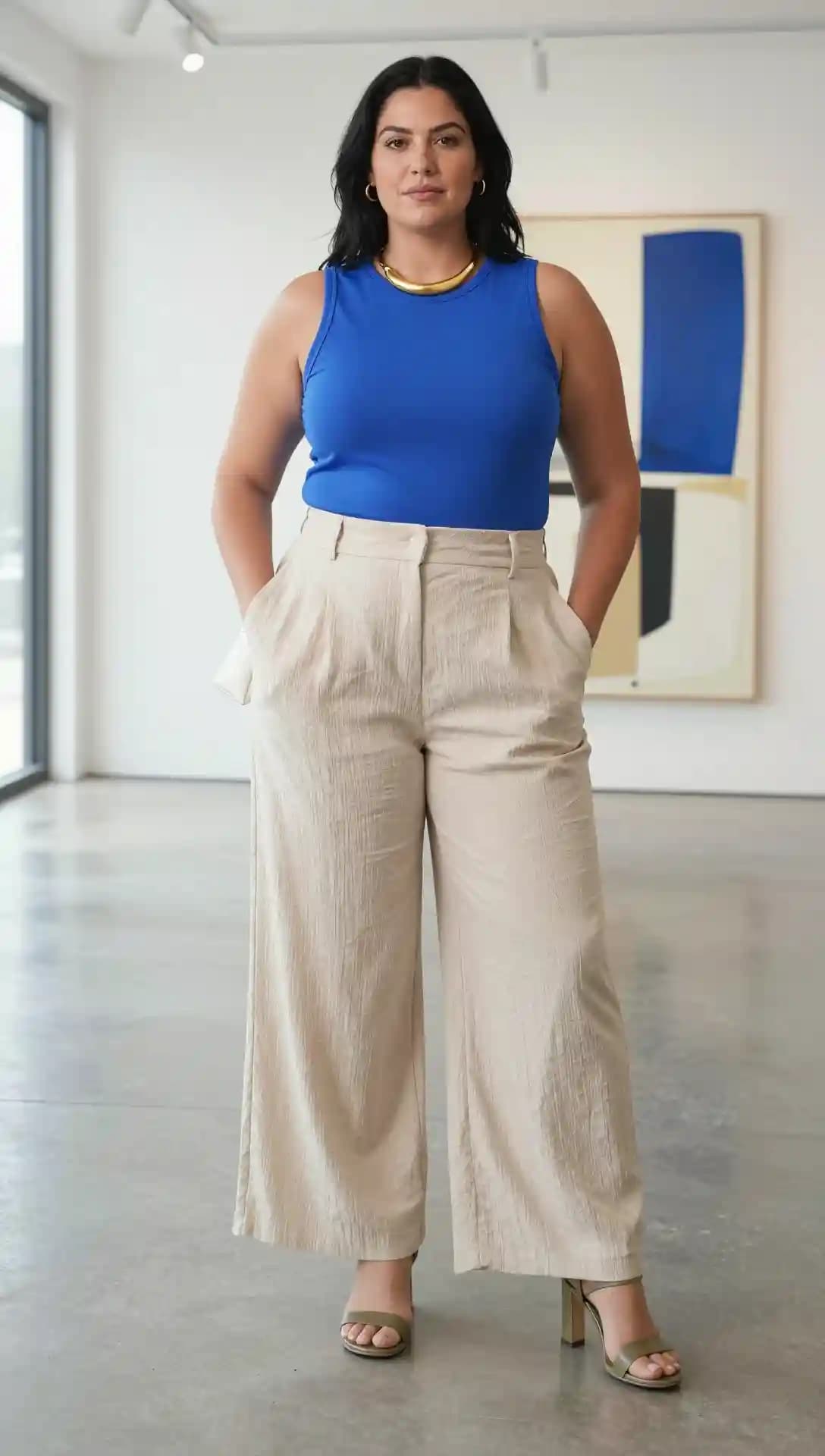 Royal Blue Tank Top + Beige Wide-Leg Trousers + Gold Necklace