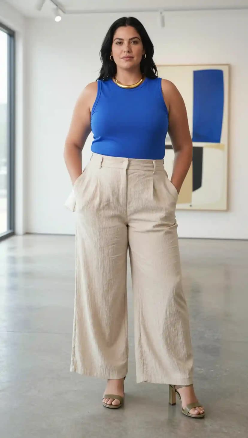 Royal Blue Tank Top + Beige Wide-Leg Trousers + Gold Necklace