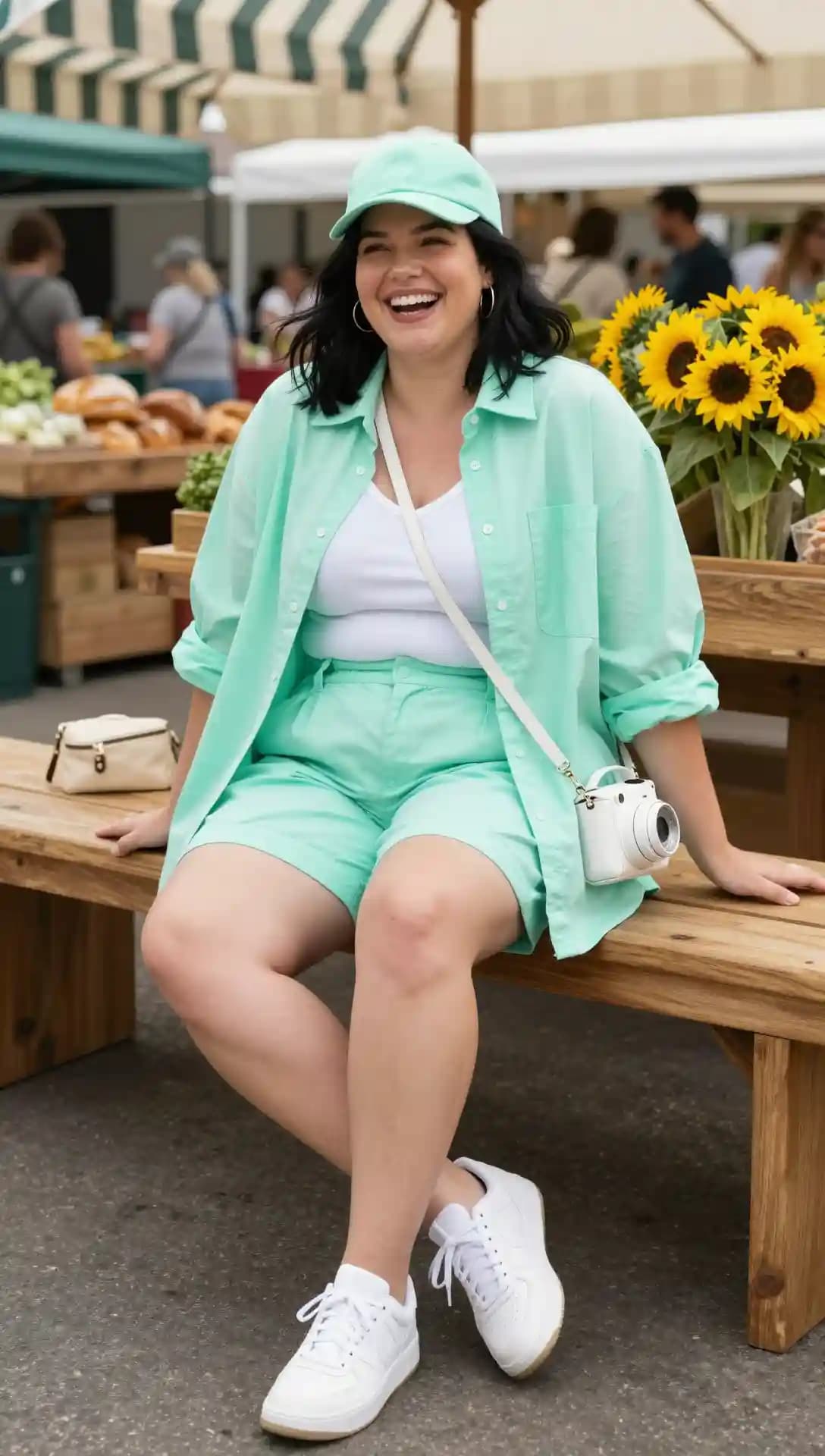 Mint Green Oversized Button-Up Shirt + Mint Green Shorts + White Tank Top