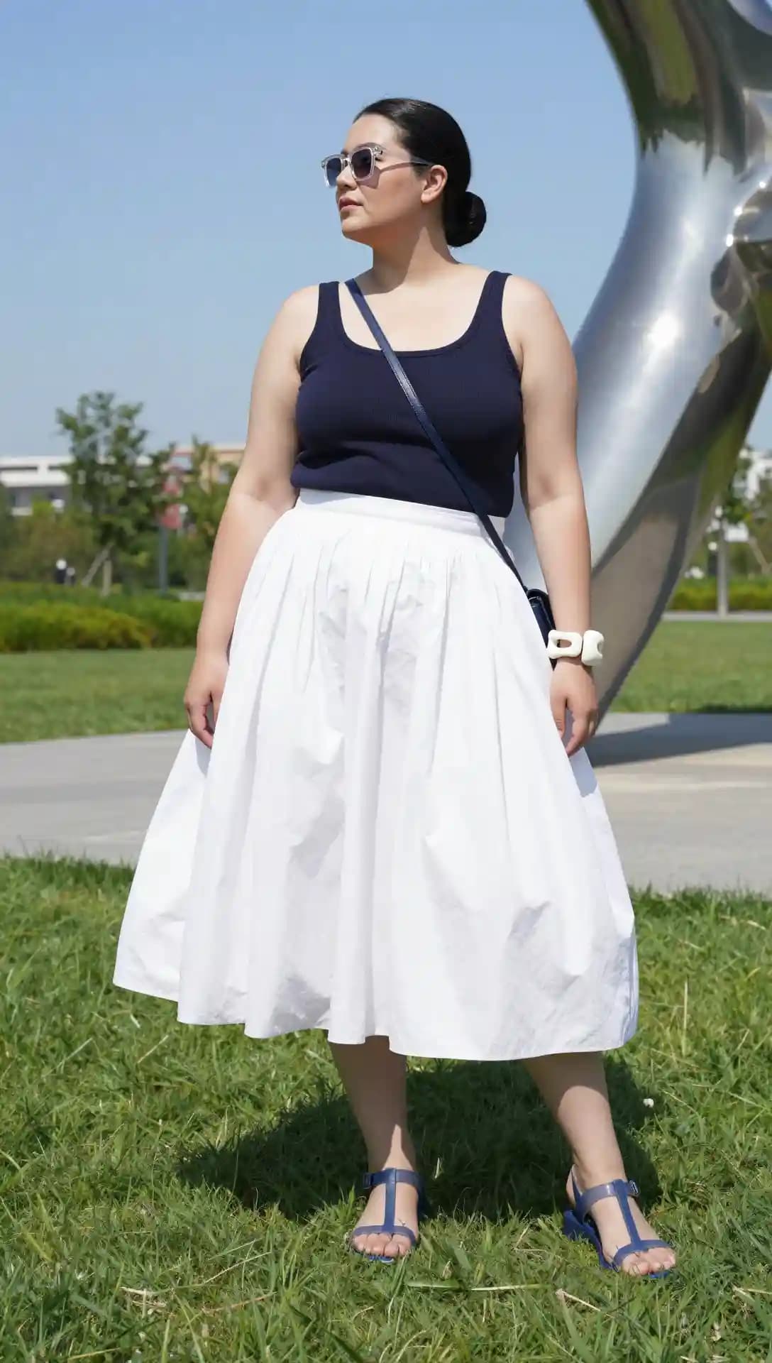 Navy Ribbed Tank Top + White Cotton Midi Skirt + Blue Sandals