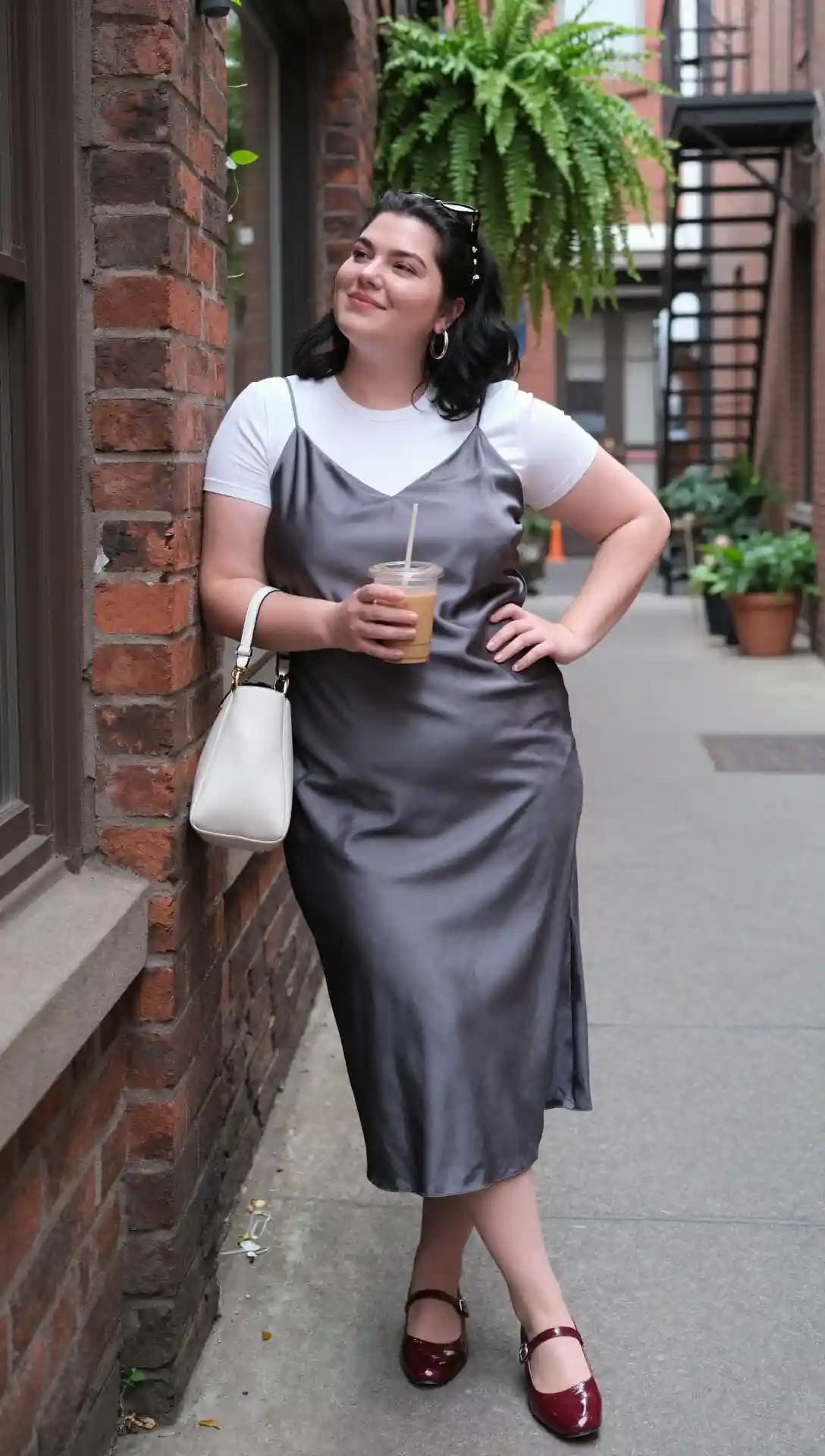 White T-Shirt + Grey Satin Slip Dress