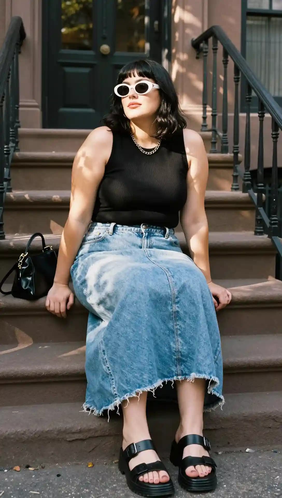 Black Ribbed Tank Top + Blue Denim Maxi Skirt + Black Chunky Sandals