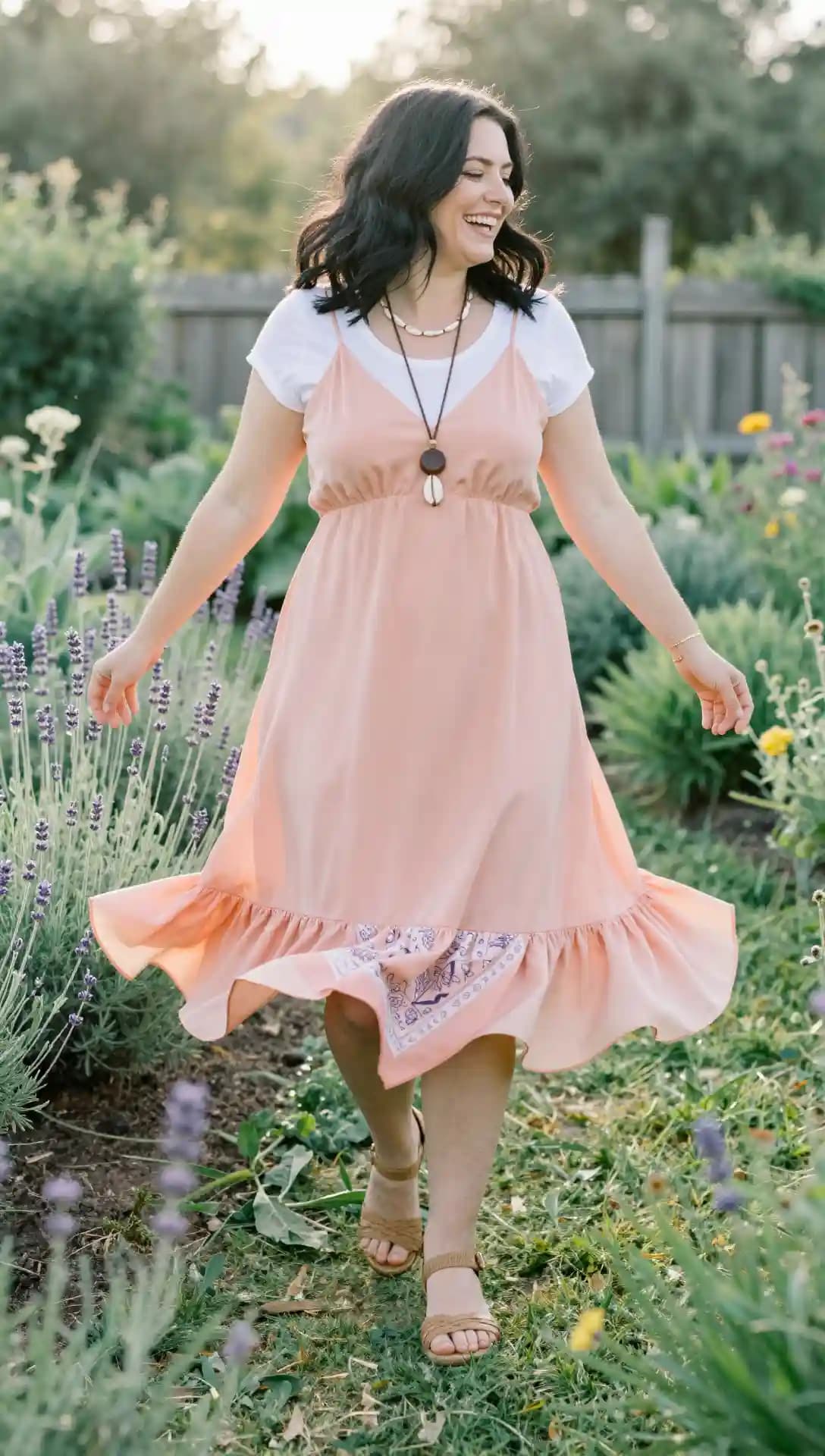 White T-Shirt + Pink Ruffle Hem Slip Dress + Brown Sandals