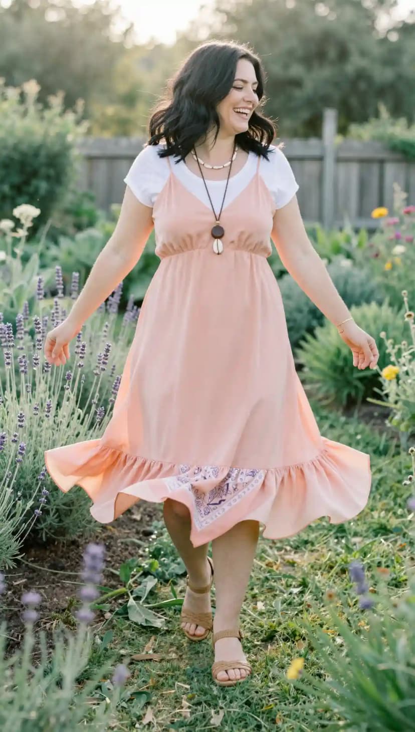 White T-Shirt + Pink Ruffle Hem Slip Dress + Brown Sandals