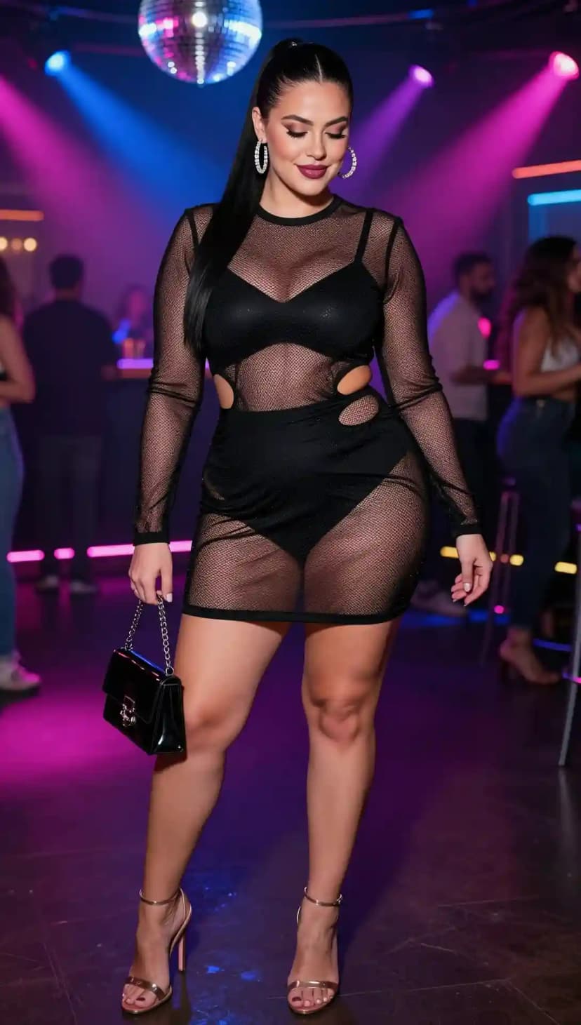 Black Mesh Cut-Out Dress + Black Bikini Top + Black Bikini Bottoms + Gold Strappy Heels + Black Shoulder Bag