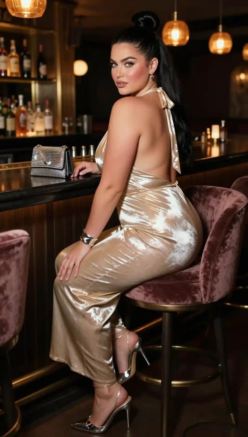 Gold Metallic Halter Jumpsuit + Silver Heels + Rhinestone Bag