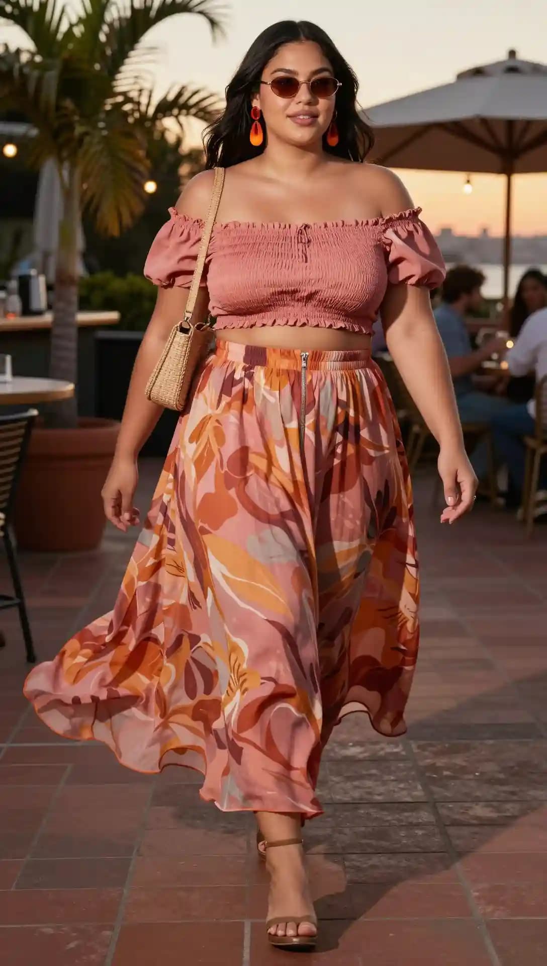 Pink Smocked Off-the-Shoulder Crop Top + High-Waisted Flowy Floral Maxi Skirt