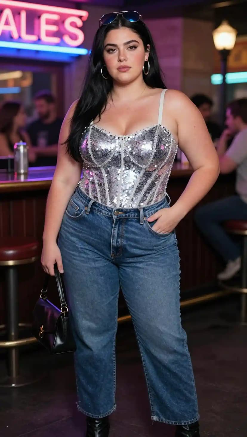 Silver Sequin Corset Top + High-Waisted Straight Leg Jeans + Black Shoulder Bag