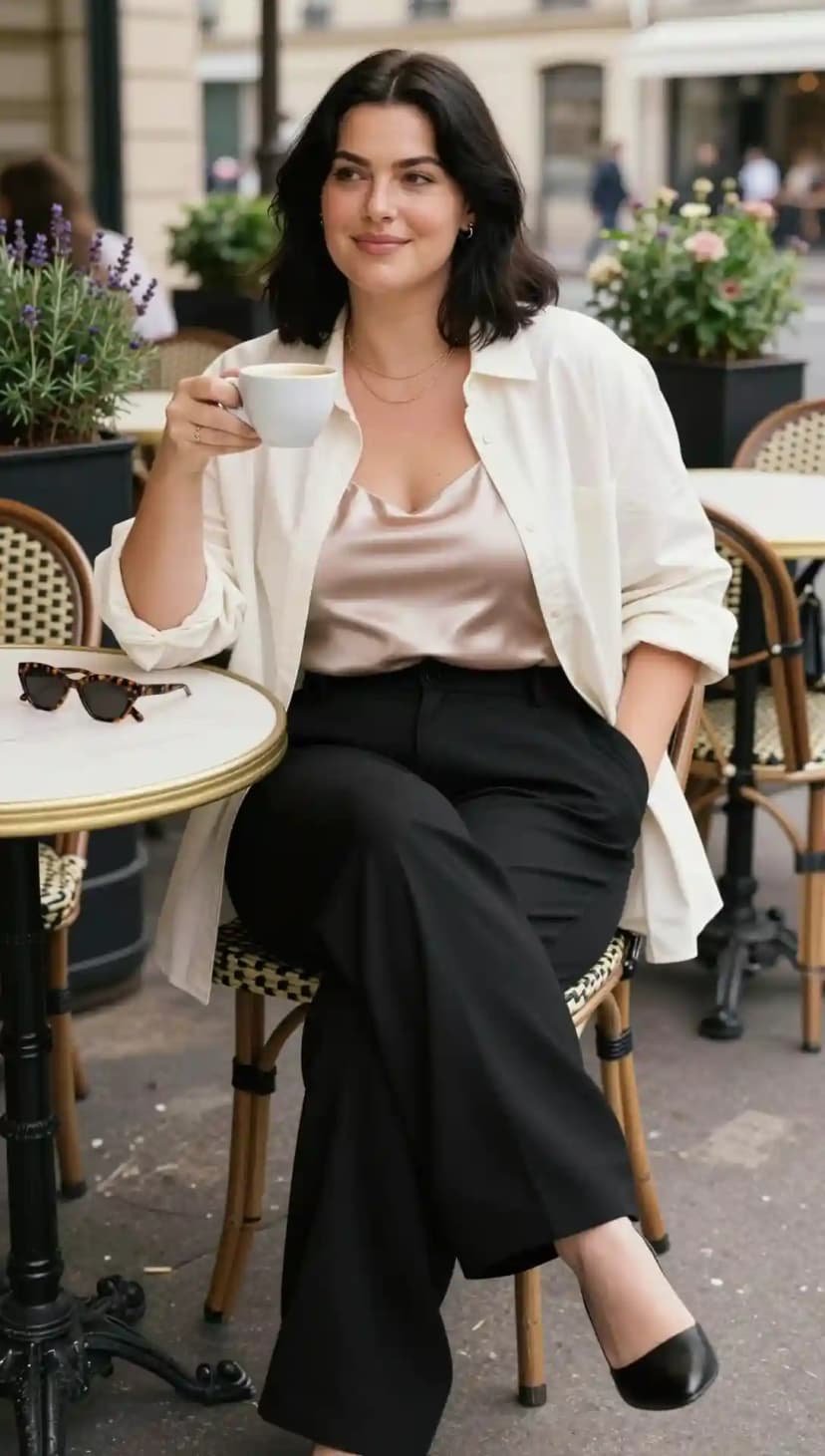 Cream Linen Oversized Shirt + Peach Satin Camisole + Black Wide-Leg Trousers