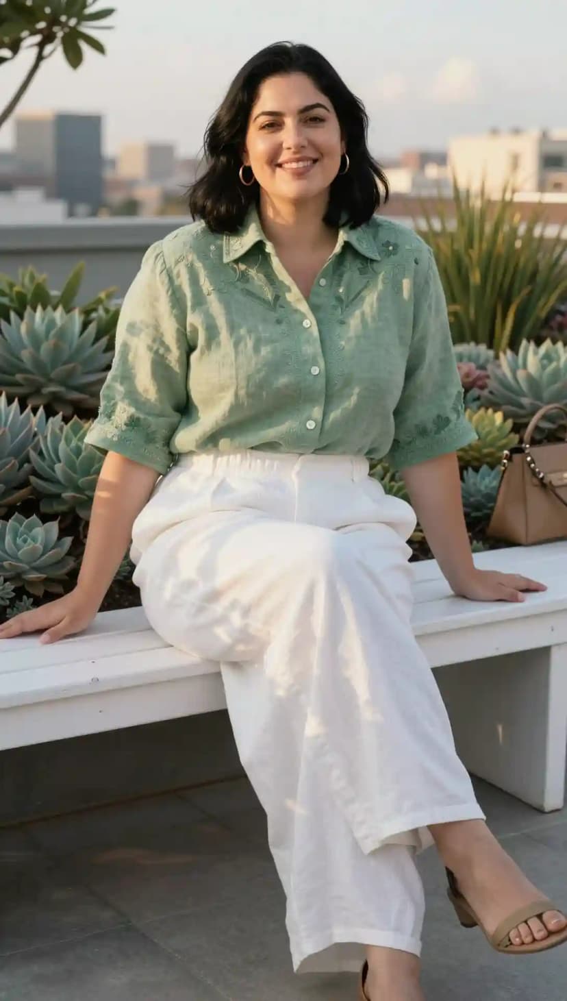 Sage Embroidered Linen Button-Up Shirt + White Linen Wide-Leg Pants