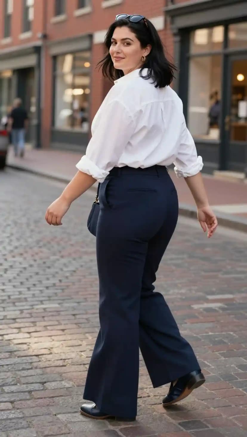 White Cotton Poplin Shirt + Navy Twill Wide-Leg Trousers + Black Leather Loafers