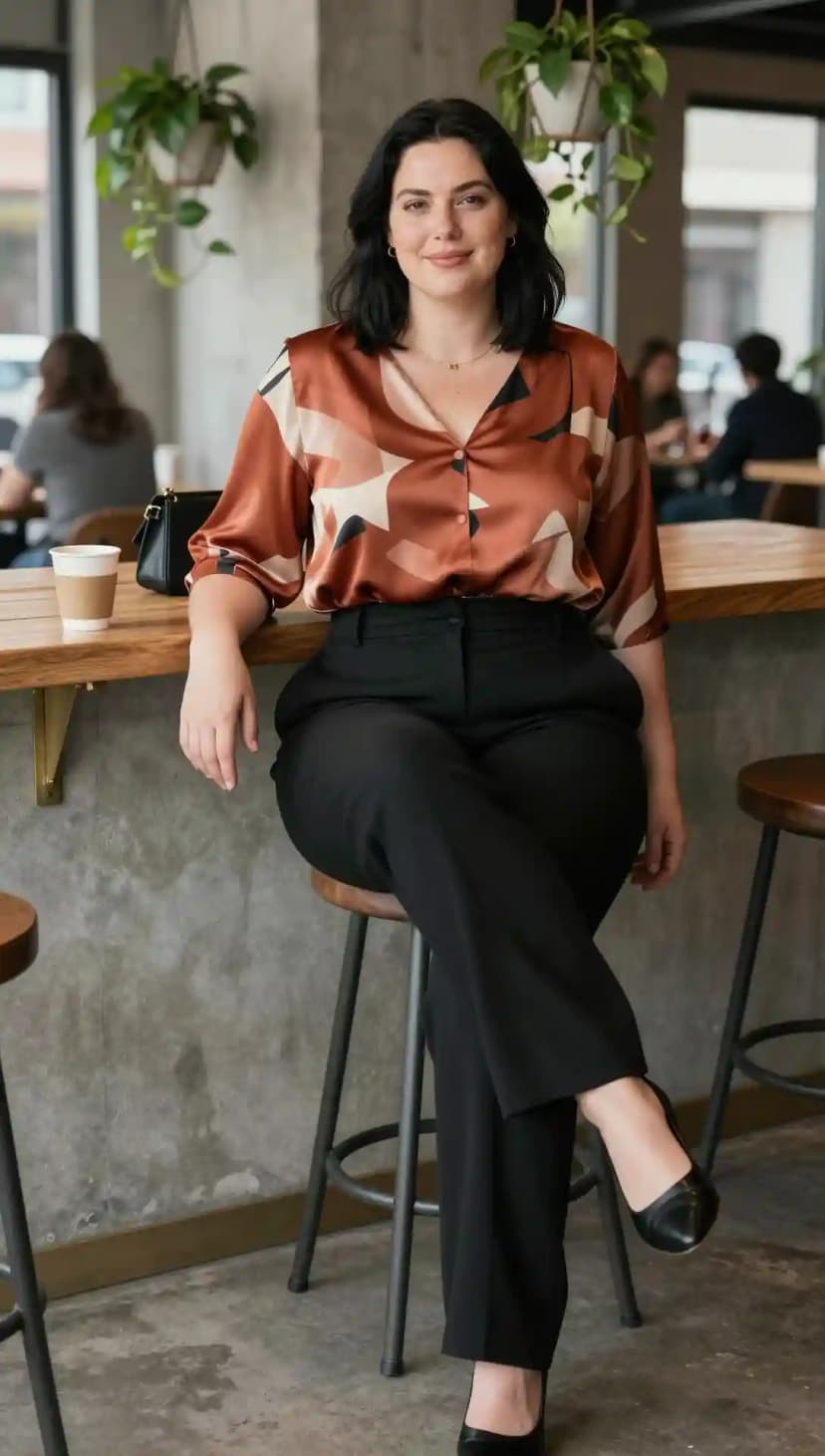 Brown Geometric Satin Blouse + Black Tailored Trousers + Black Leather Pumps