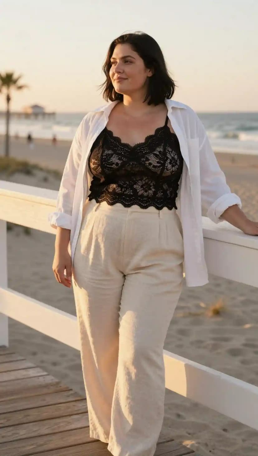 Black Lace Bralette + White Linen Button-Down Shirt + Beige Linen Trousers