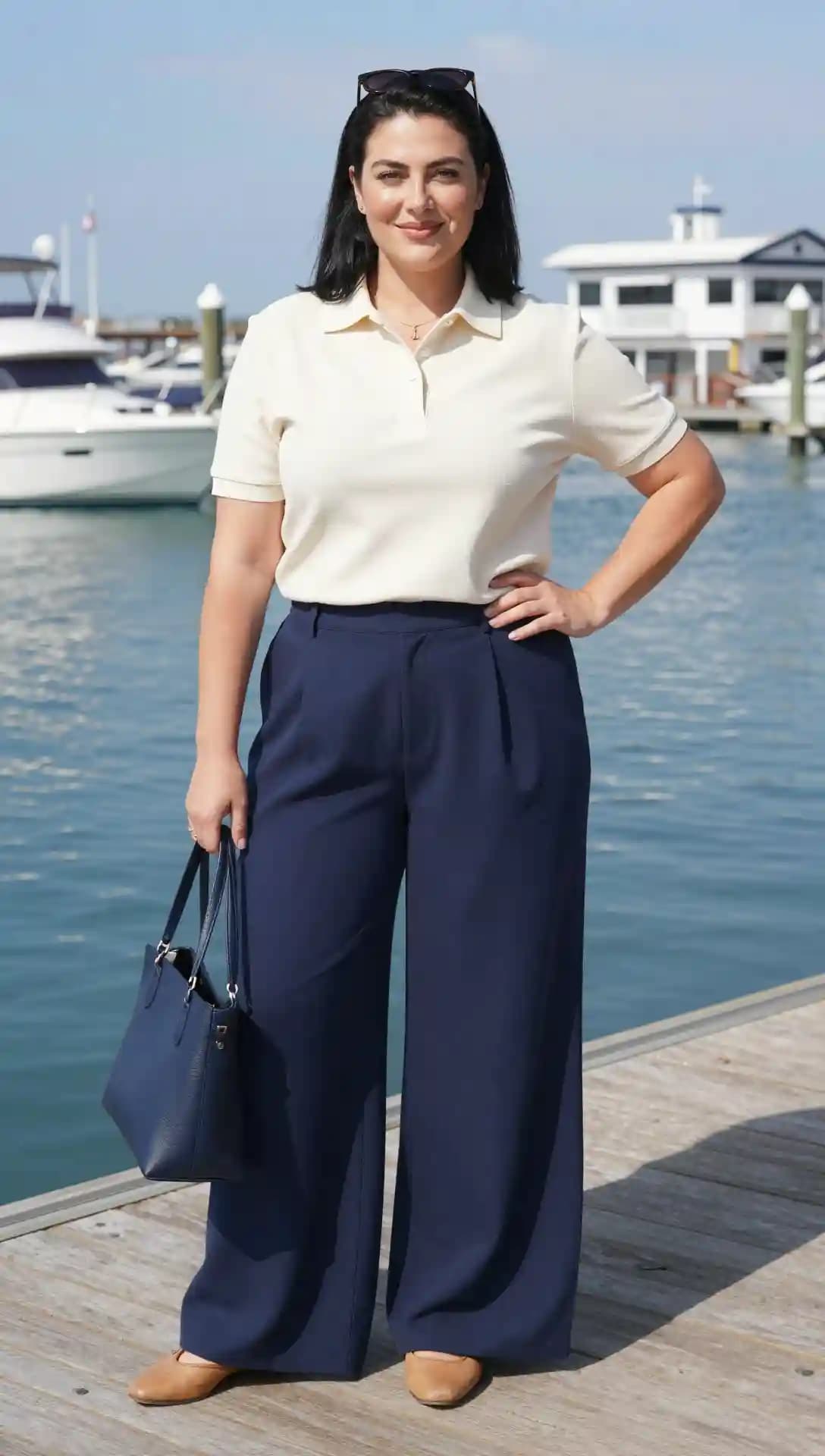 Cream Pique Polo Shirt + Navy Wide-Leg Trousers