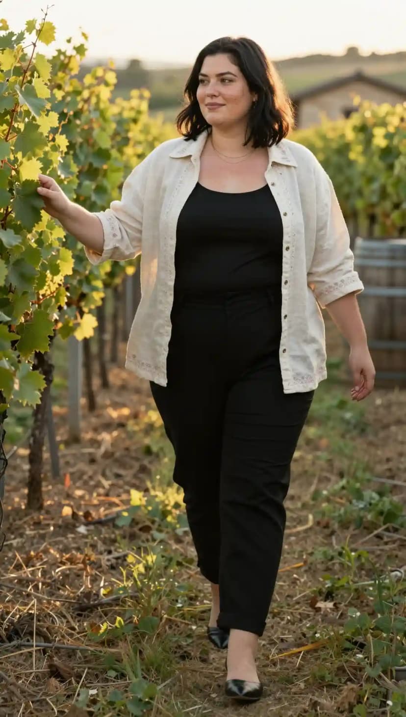 Cream Linen Shirt + Black Jersey Tank Top + Black Tailored Trousers