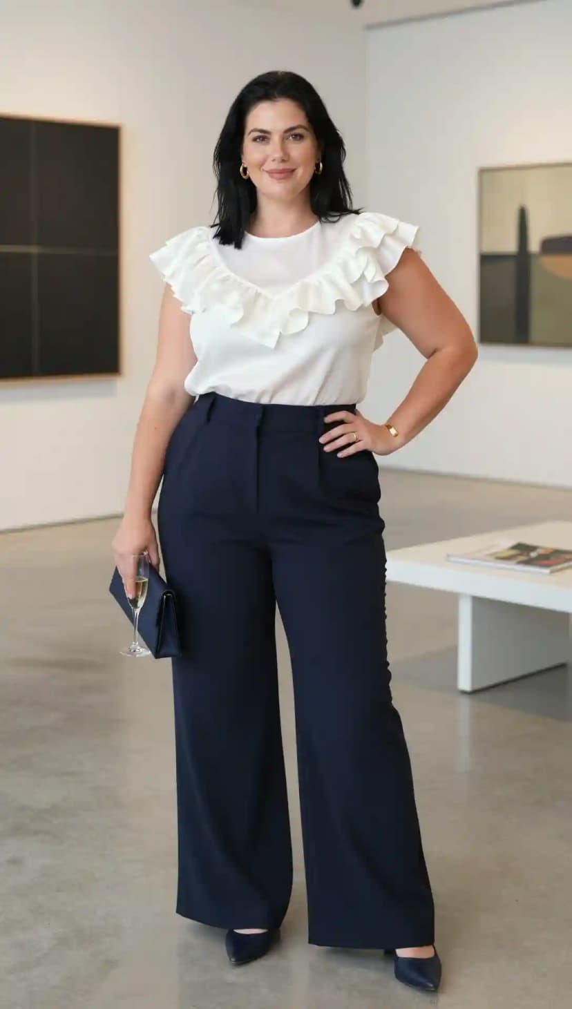 White Ruffled Blouse + Navy Wide-Leg Trousers + Navy Pointed-Toe Heels