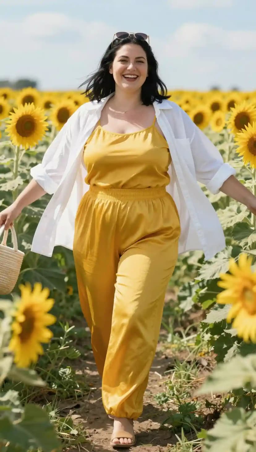 Yellow Satin Camisole + Yellow Satin Trousers + White Linen Shirt
