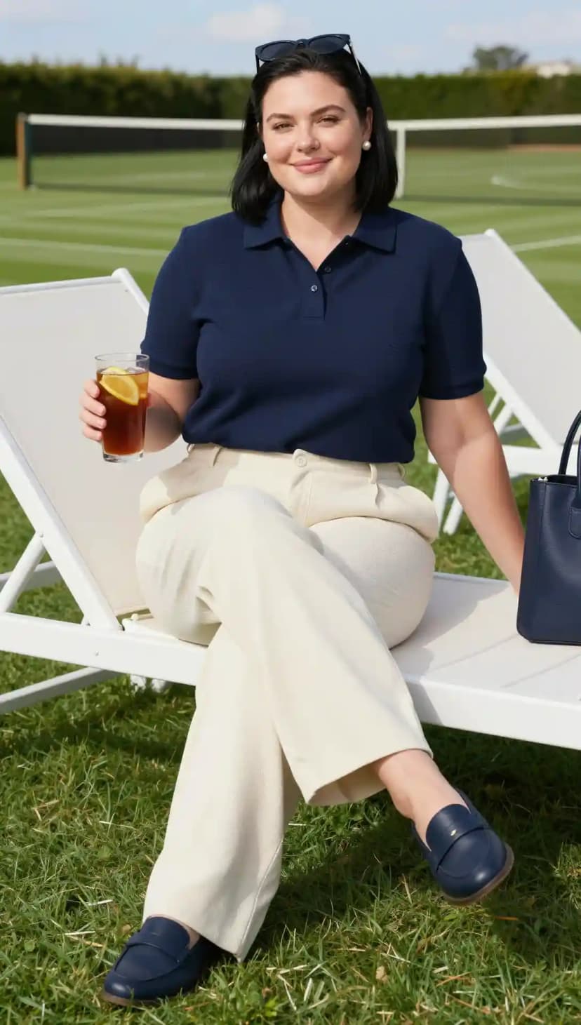 Navy Knit Polo Shirt + Cream Textured Trousers + Navy Leather Loafers