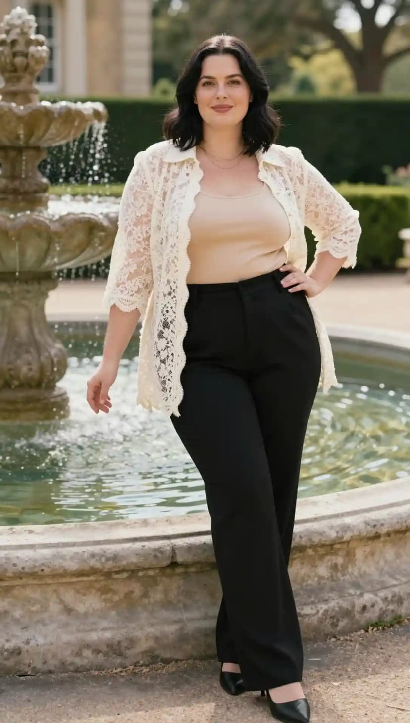 Cream Lace Kimono + Beige Tank Top + Black Tailored Trousers