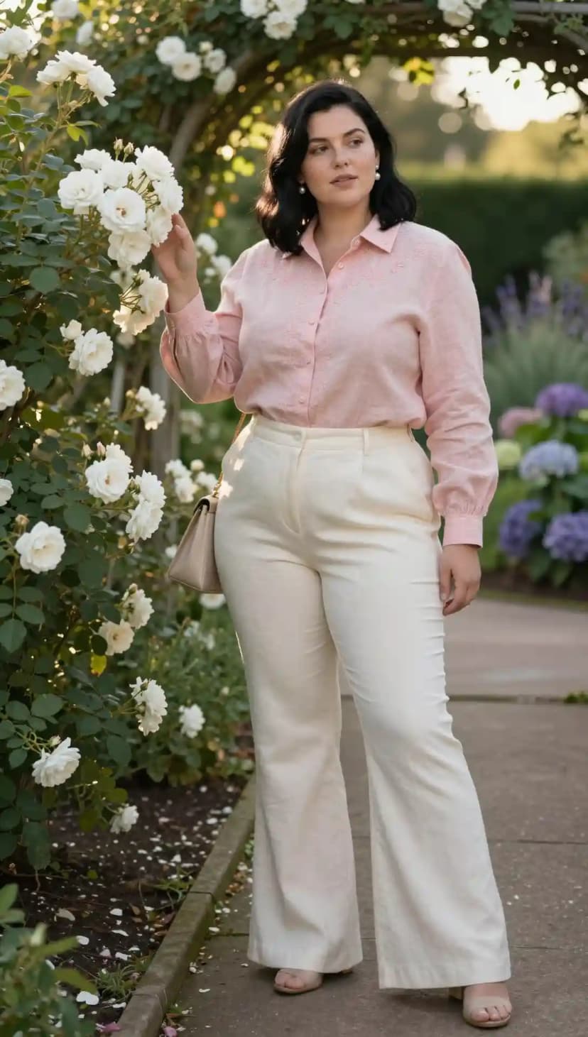Pink Linen Button-Up Shirt + Cream Linen Wide-Leg Pants