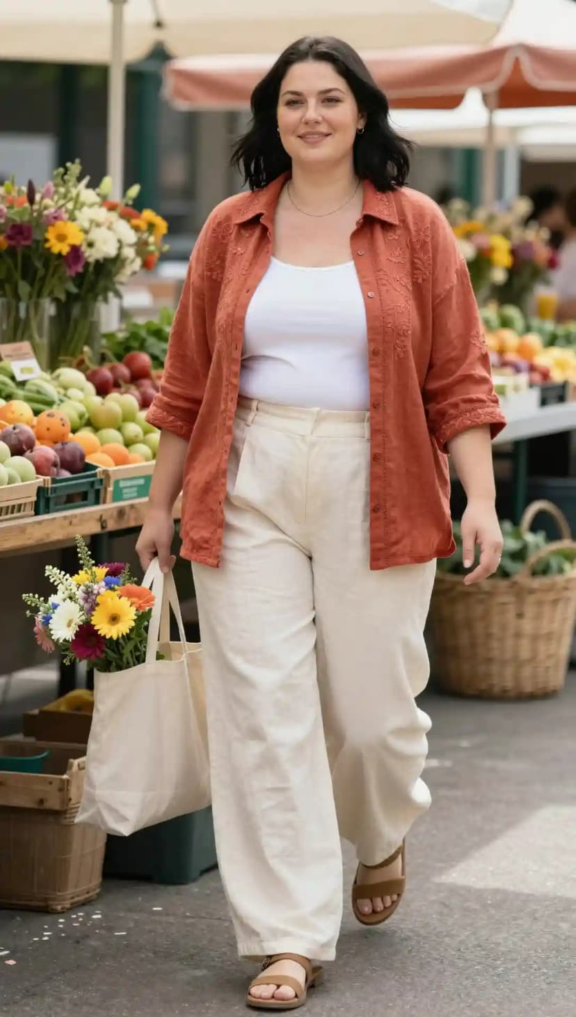 White Tank Top + Orange Linen Shirt + Cream Linen Trousers