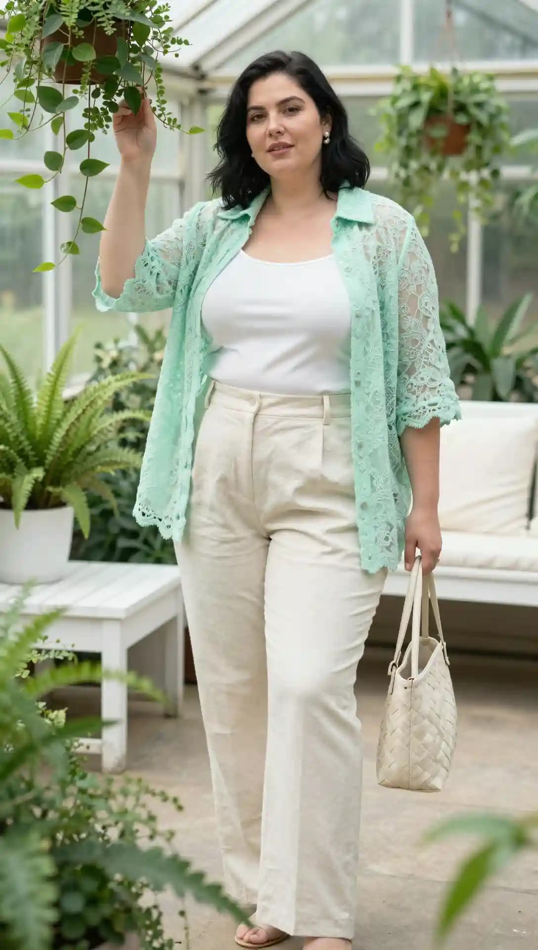 Mint Lace Kimono + White Tank Top + Beige Linen Trousers
