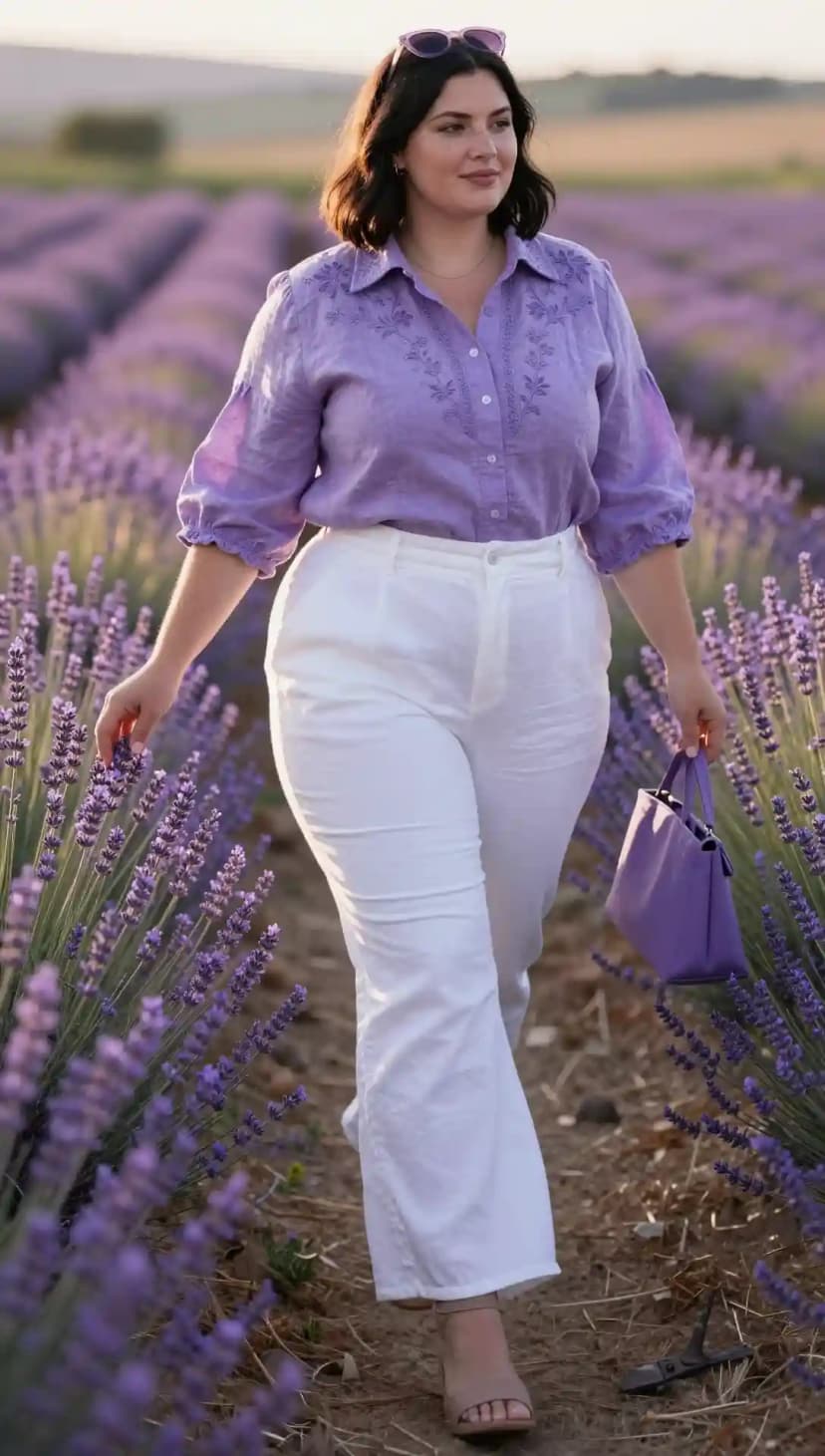 Purple Linen Embroidered Blouse + White Linen Trousers