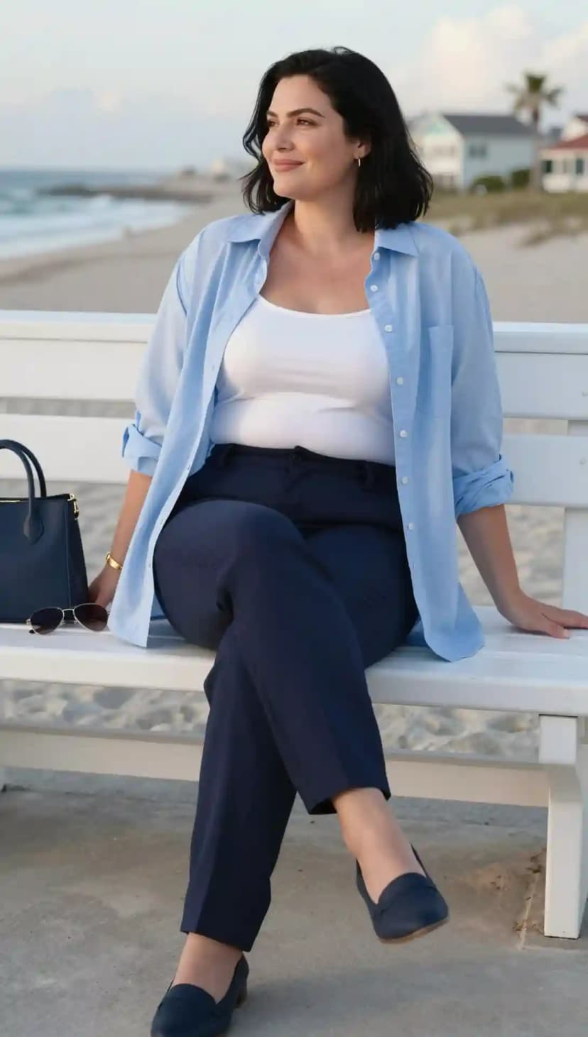 Light Blue Linen Button-Up Shirt + White Ribbed Tank Top + Navy Crepe Trousers