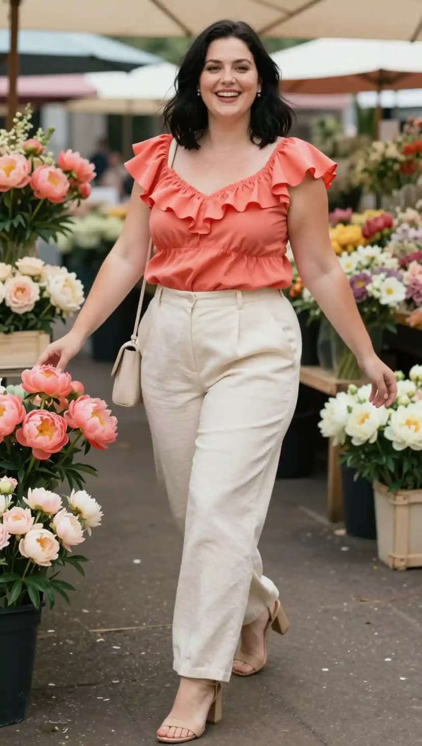 Coral Ruffle Cotton Top + Beige Linen Trousers