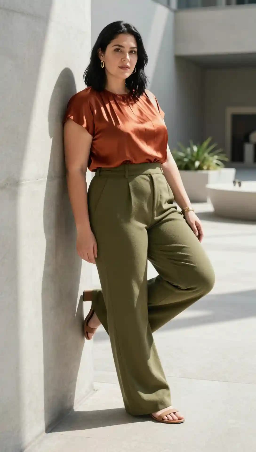 Rust Satin Blouse + Olive Green Wide-Leg Trousers