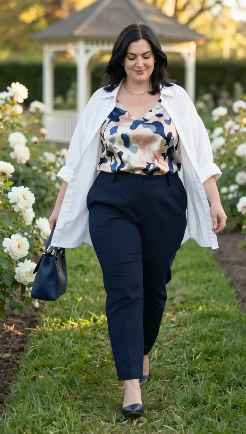 White Cotton Shirt + Multicolored Satin Camisole + Navy Crepe Trousers