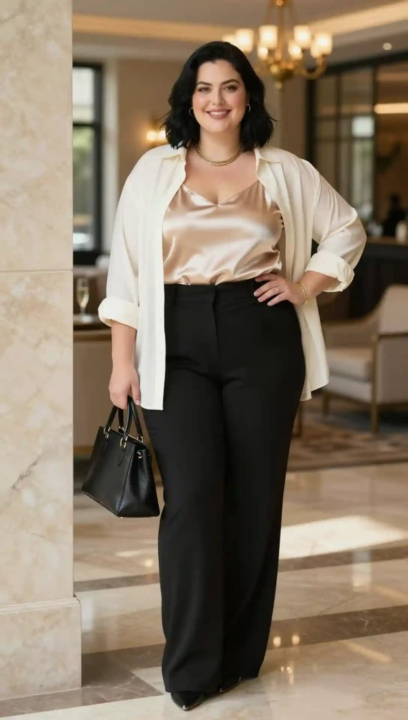 Cream Oversized Button-Up Shirt + Champagne Satin Cami + Black Wide-Leg Trousers