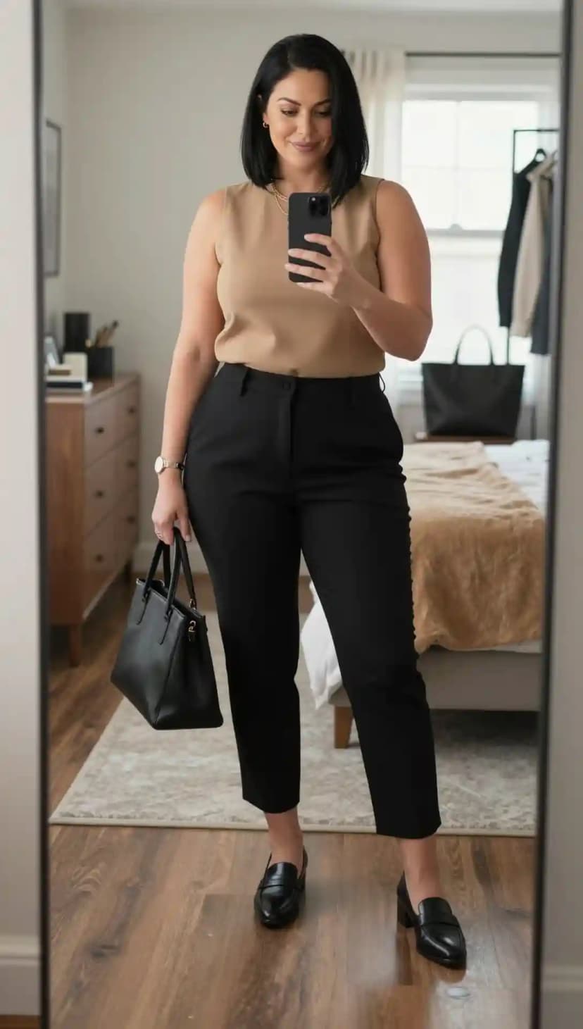 Tan Sleeveless Top + Black Ankle Pants + Black Loafers