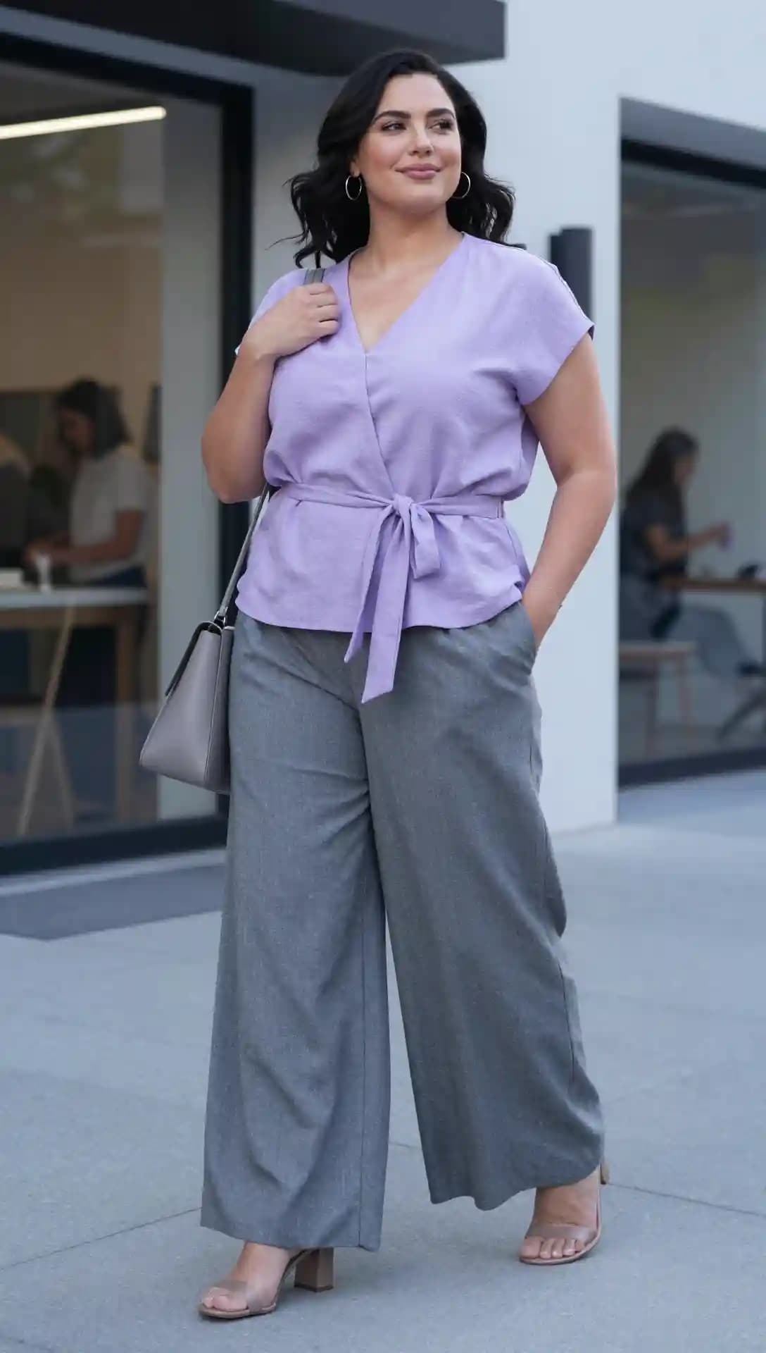 Lavender Wrap Top + Grey Wide-Leg Pants