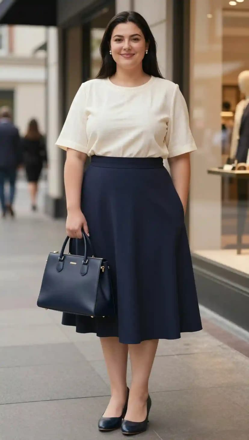 Cream Textured Top + Navy A-Line Skirt + Navy Pumps