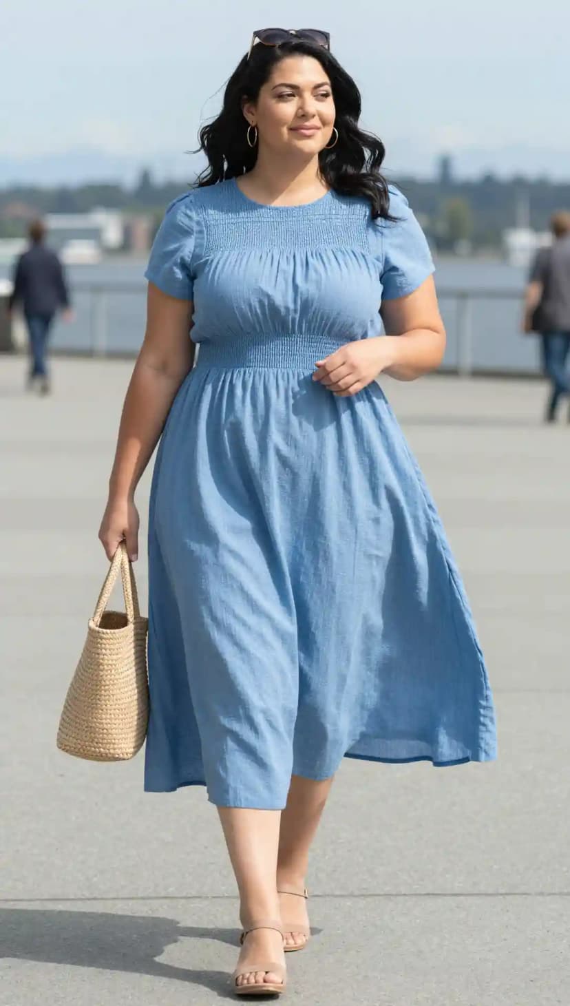 Blue Smocked Midi Dress + Woven Tote Bag + Nude Block Heels