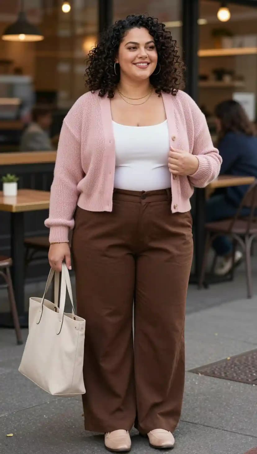 Pink Cardigan + White Tank Top + Brown Wide-Leg Pants