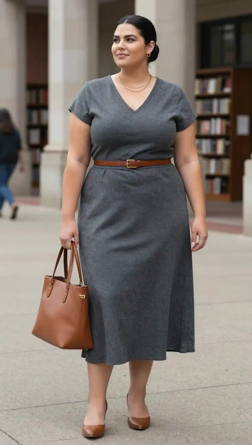 Charcoal V-Neck Midi Dress + Brown Belt + Brown Pumps + Tan Tote Bag