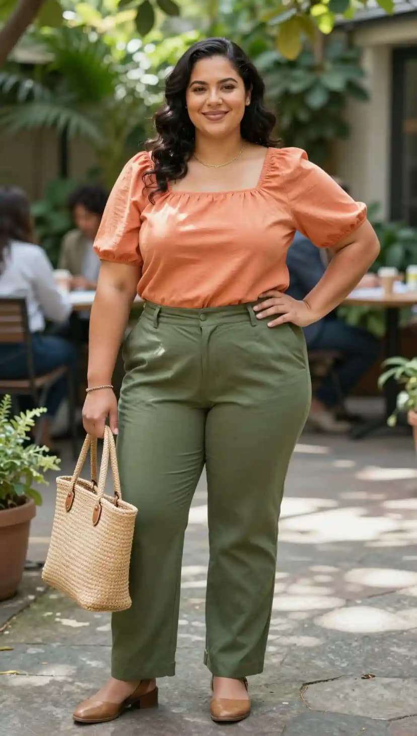 Peach Square Neck Top + Olive Green Trousers + Tan Slingback Flats