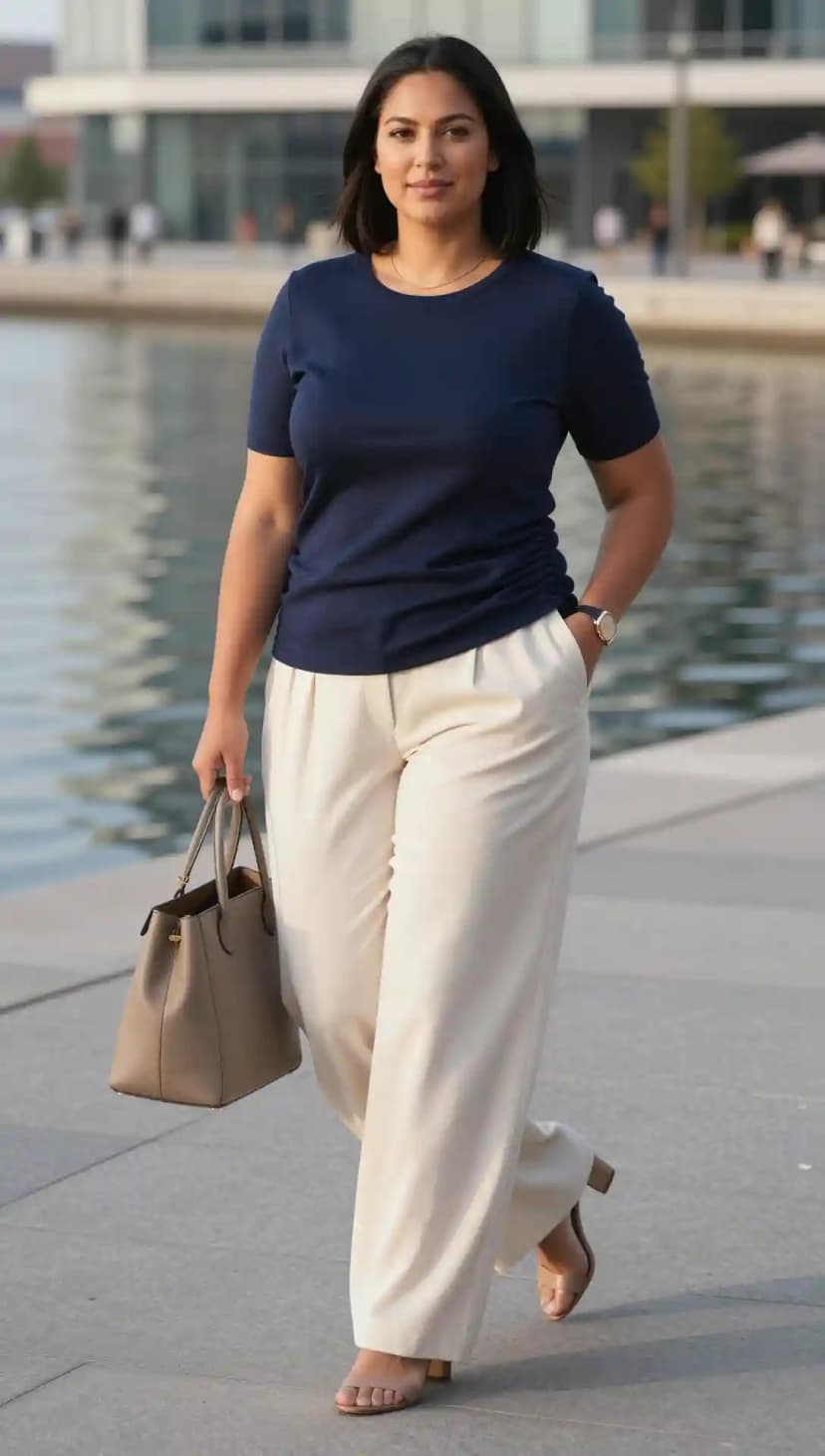 Navy Knit Top + Cream Wide-Leg Trousers + Nude Block Heels