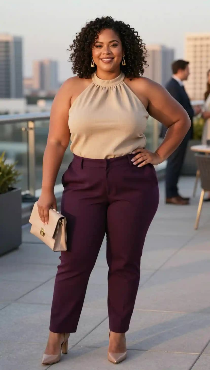 Halter Top + Plum Trousers + Nude Heels