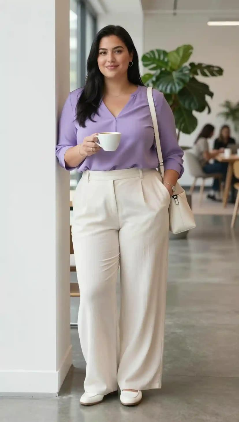 Lavender V-Neck Blouse + Cream Wide-Leg Trousers + White Loafers