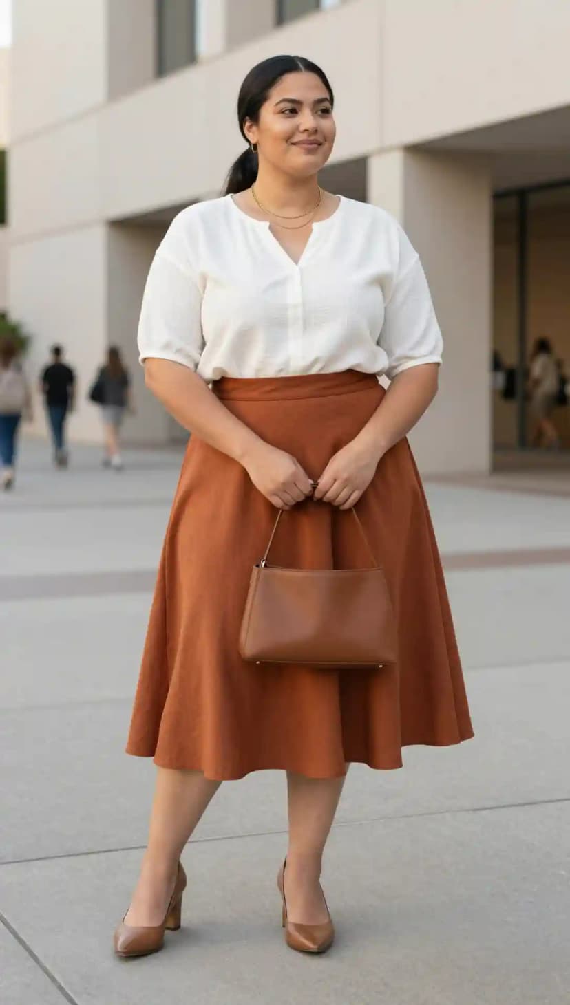 White Textured Blouse + Rust A-Line Skirt + Brown Block Heels